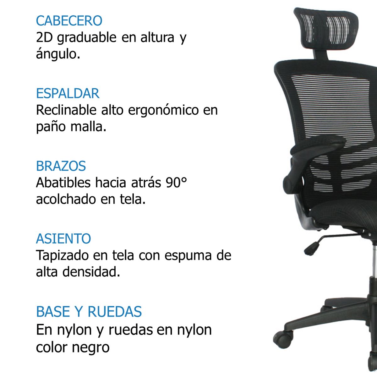 GENERICO - Silla Oficina Singapur Presidente Negra brazos abatibles - Mobili shop