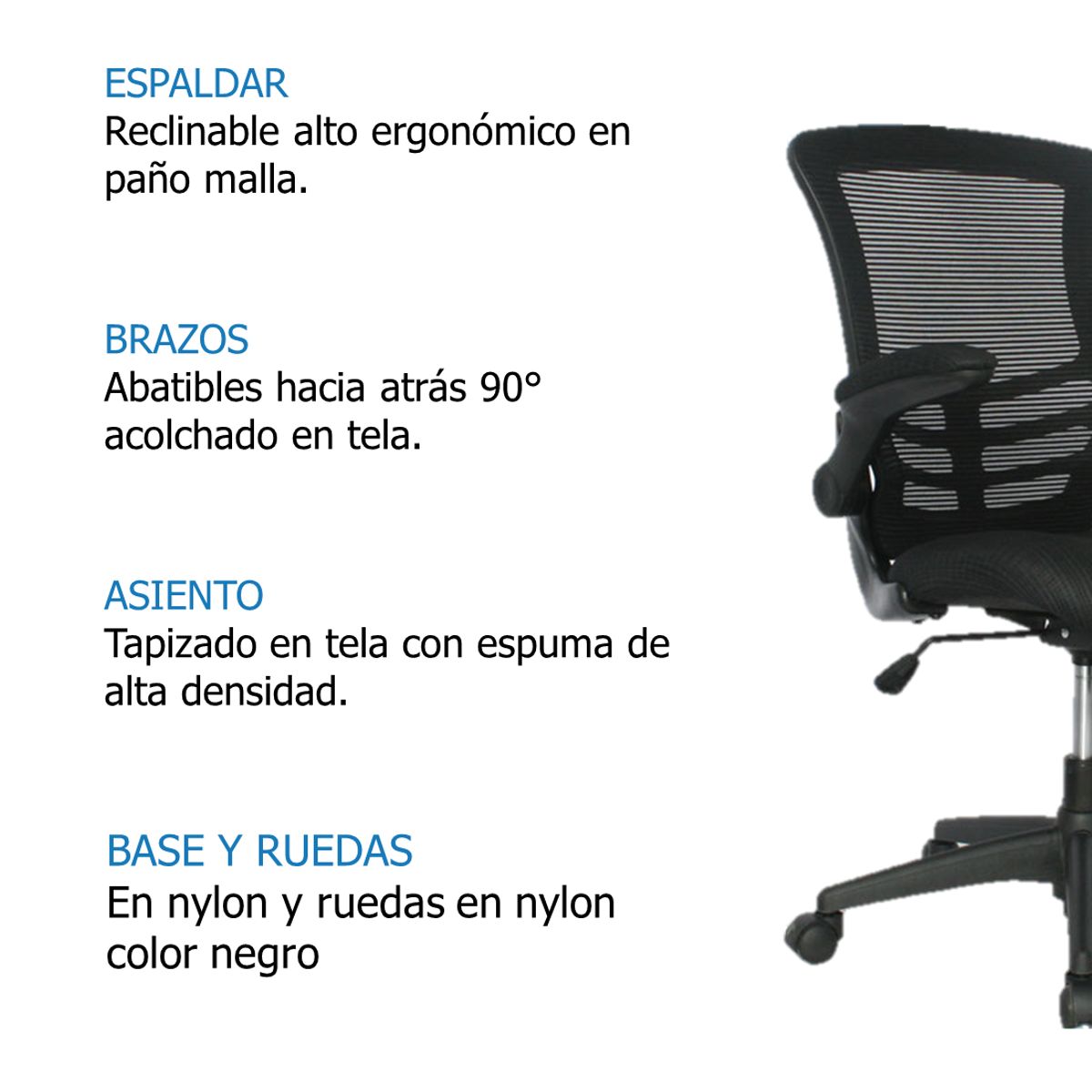 GENERICO - Silla Oficina Singapur Gerente Negra brazos abatibles - Mobili shop