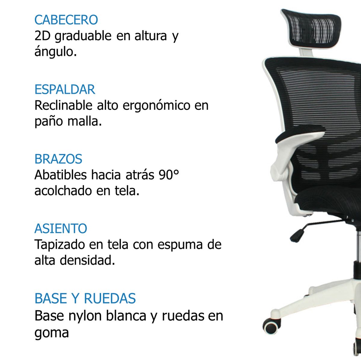 GENERICO - Silla Oficina Singapur Presidente Blanca brazos abatibles -Mobili shop