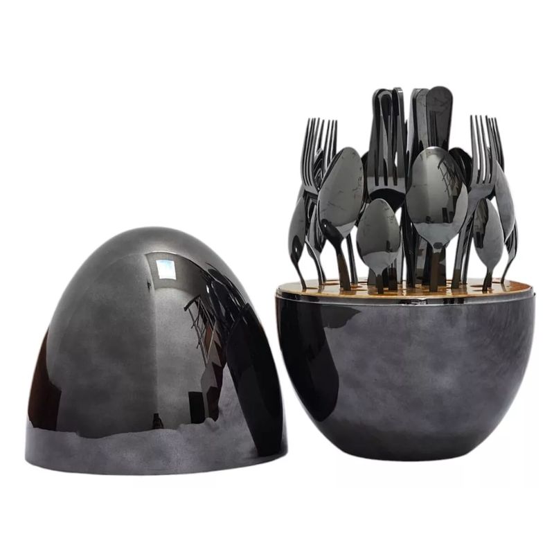 GENERICO - Set Cubiertos De 24 Piezas Acero Inox Negro + Estuche Huevo