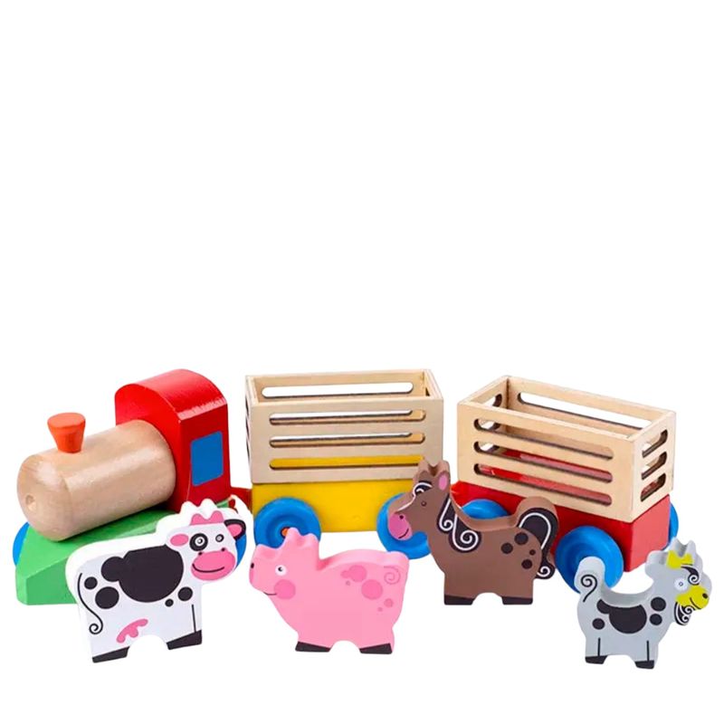 GENERICO - JUGUETE PARA EMPUJAR DIDACTICO TREN  MADERA ANIMALES GRANJA