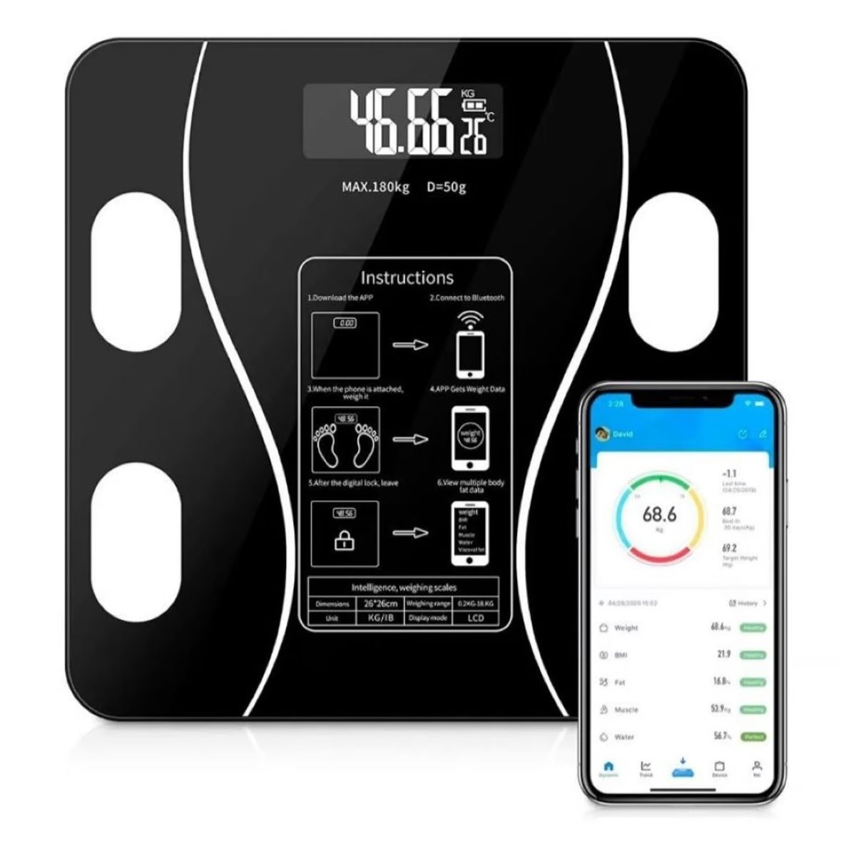 GENERICO - Bascula Inteligente Bluetooth Digital Vidrio Templado