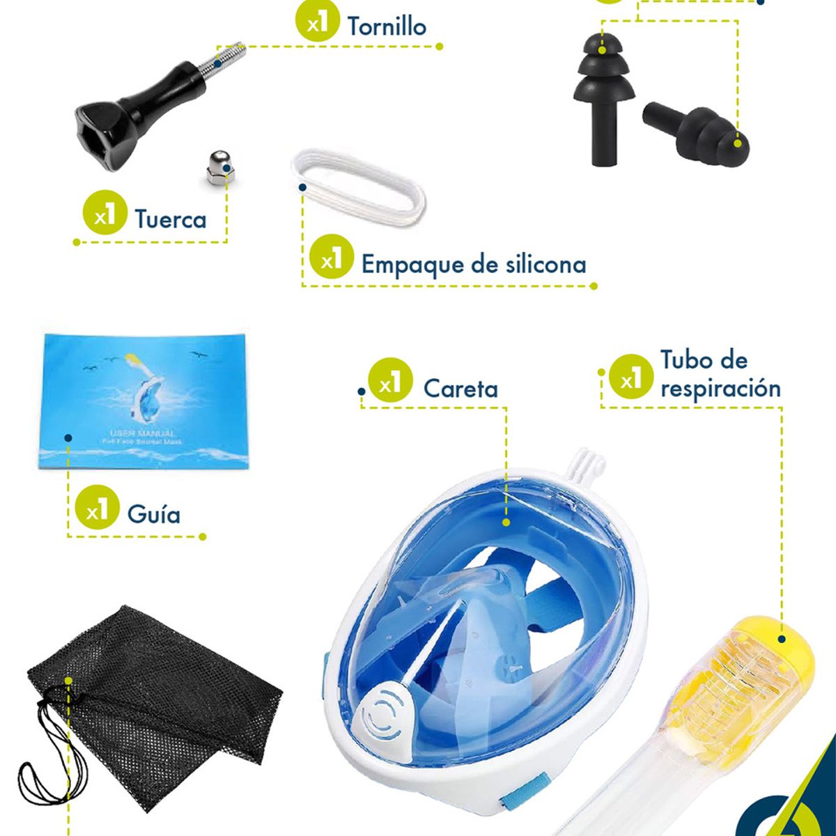 PBOLD - Careta Snorkel Full Face Buceo Natación Azul LXL