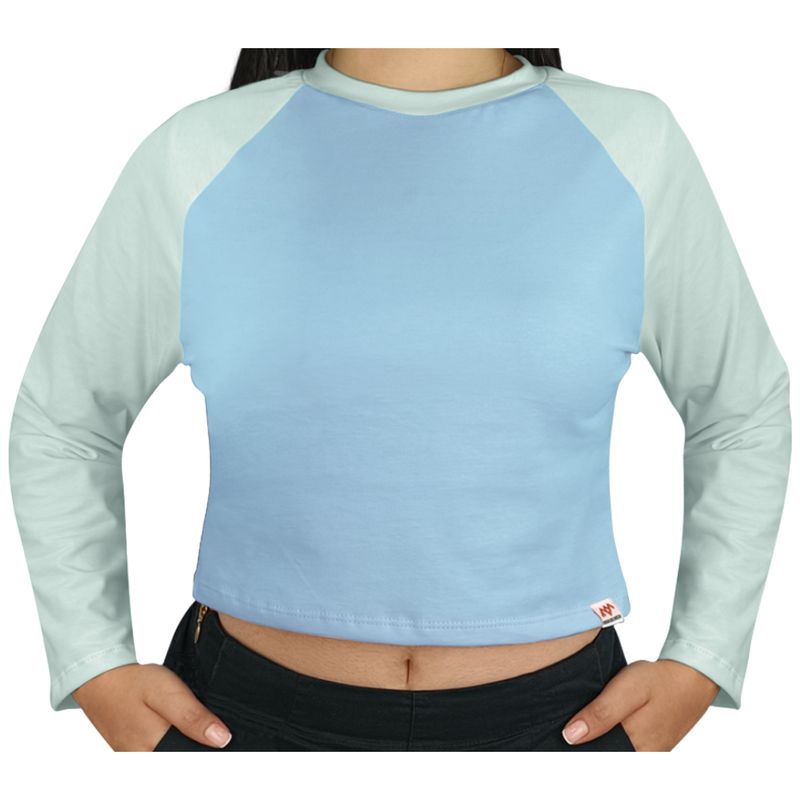 FUERA DEL MOLDE - Camiseta Crop Top Ranglan Manga Larga Premium Azul Bebé Verde Menta