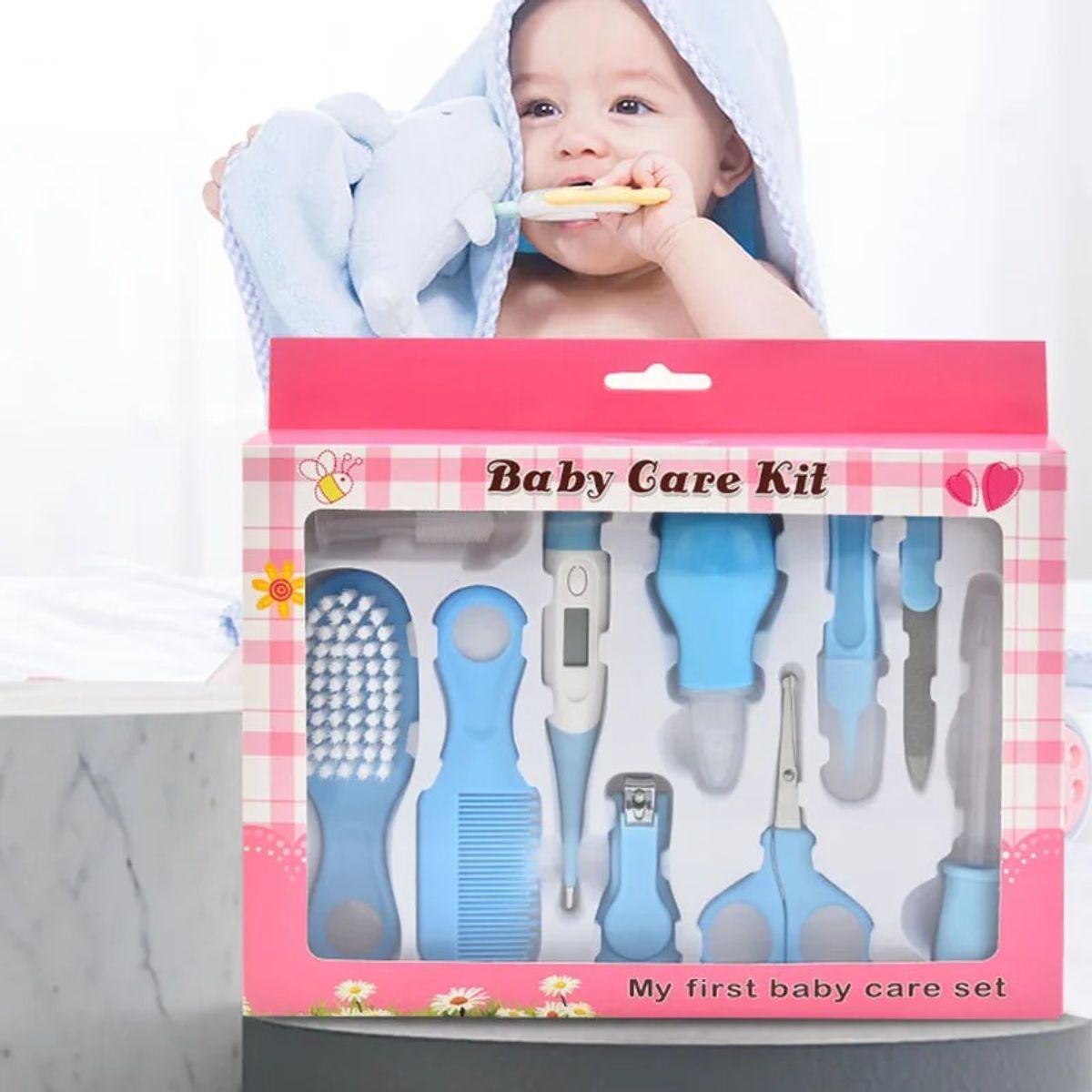GENERICO - SET/KIT CUIDADO ASEO HIGIENE BEBÉ NIÑO X 10 PIEZAS-AZUL