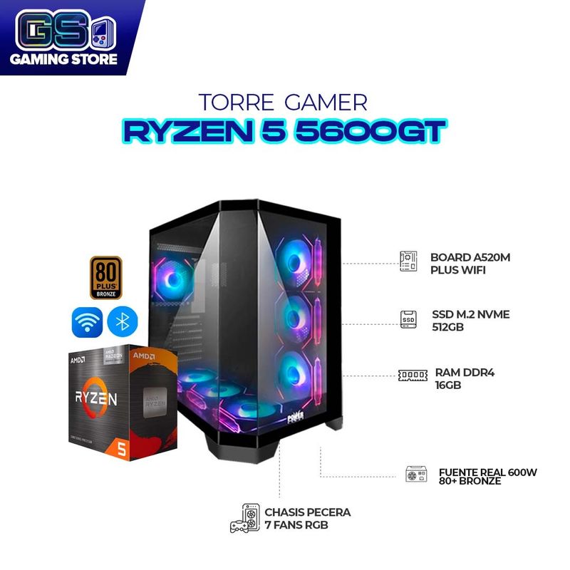 AMD - TORRE GAMER RYZEN 5 5600GT BOARD A520 WIFI-BLUETOOTH 16GB RAM DDR4 SSD 512GB M.2