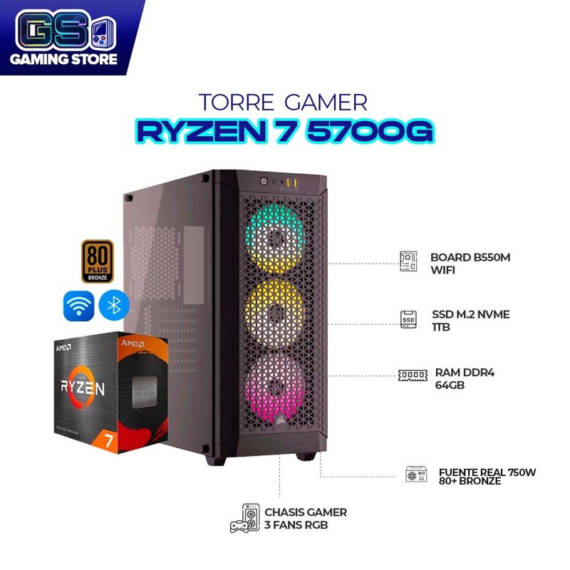 AMD - TORRE GAMER AMD RYZEN 7 5700G - B550M WiFi - 64GB RAM - SSD M.2 NVMe 1TB