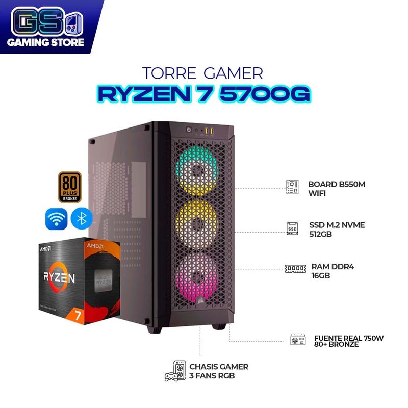 AMD - TORRE GAMER AMD RYZEN 7 5700G - B550M WiFi - 16GB RAM - SSD 512GB M.2 NVMe