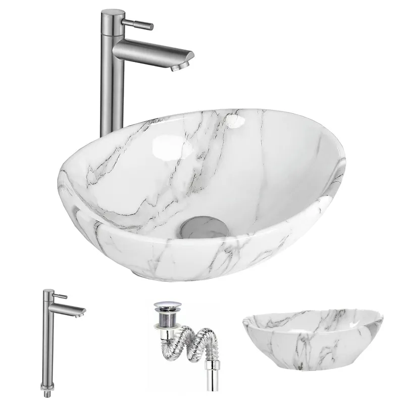 GENERICO - Kit Completo Lavabo Venato Oval-sifón -grifo Satín Agua Fría