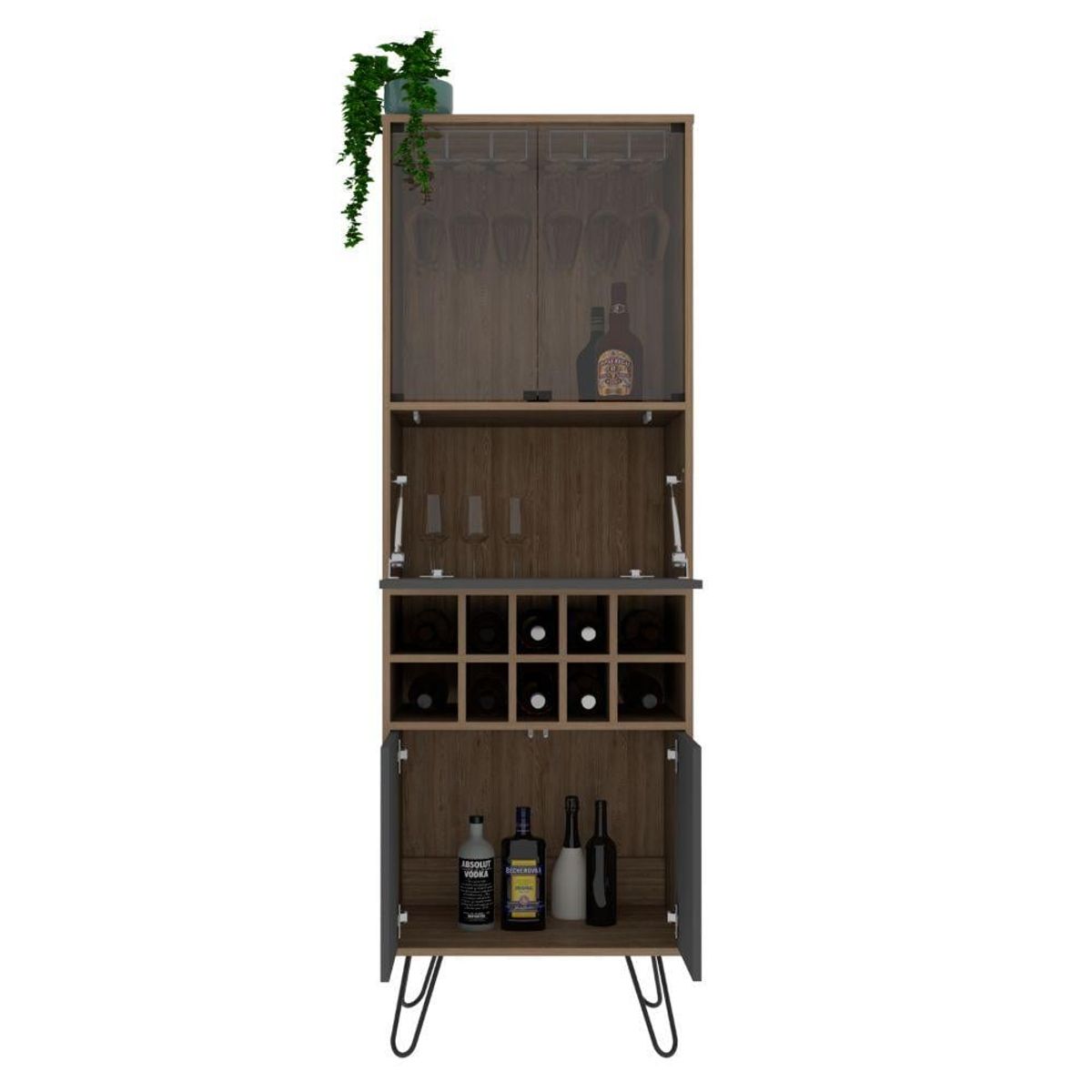 RTA DESIGN - Bar Alto Lara Miel y Plata Oscuro con Amplio Espacio Porta Copas y Patas de Acero