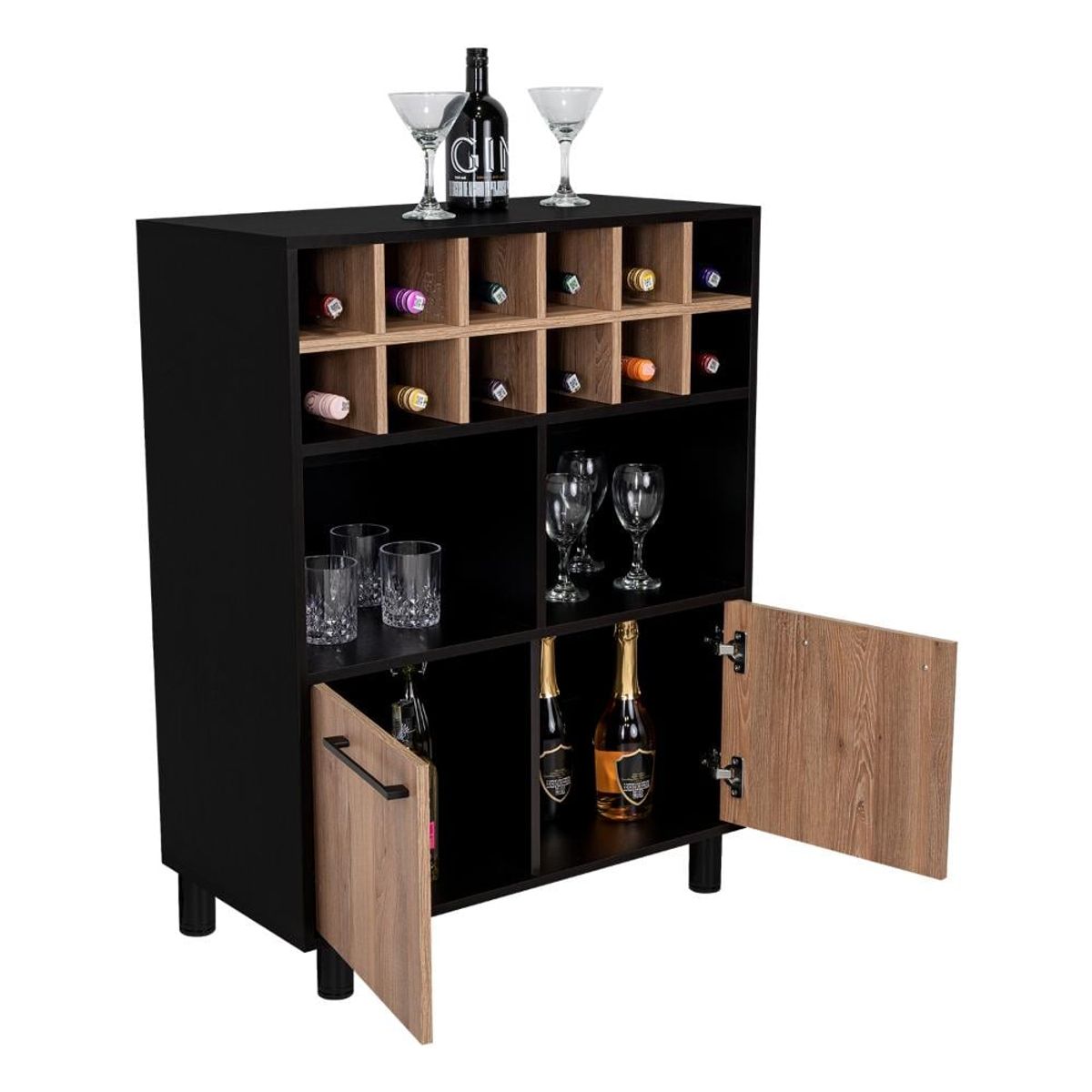 RTA DESIGN - Bar Wesley Wengue y Miel con Amplio Espacio Para Almacenamiento y Patas Metálicas