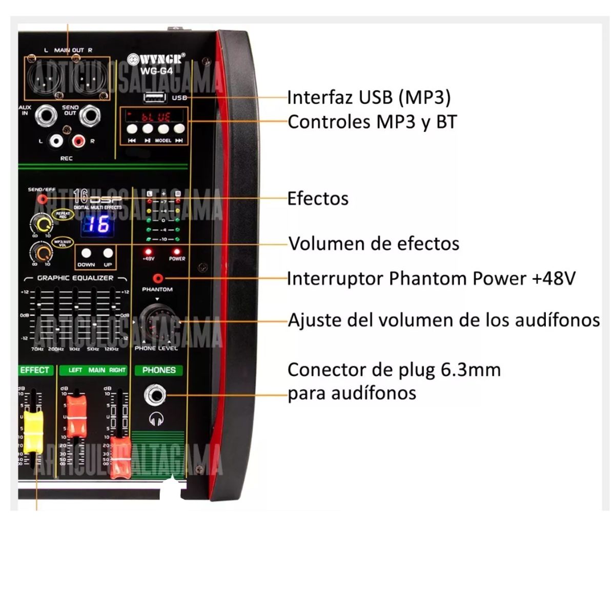 GENERICO - Consola Mixer Wvngr De 4 Canales Phantom Power 48v Bluetooth