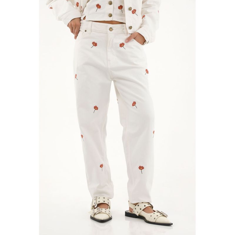 TOPMARK - Jean Mom tiro alto con flores bordadas para mujer