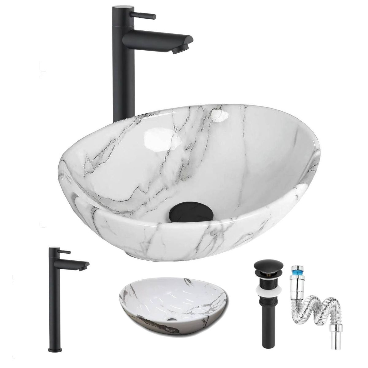 GENERICO - Kit Completo Lavabo Venato Oval-sifón -grifo Negro Agua Fría