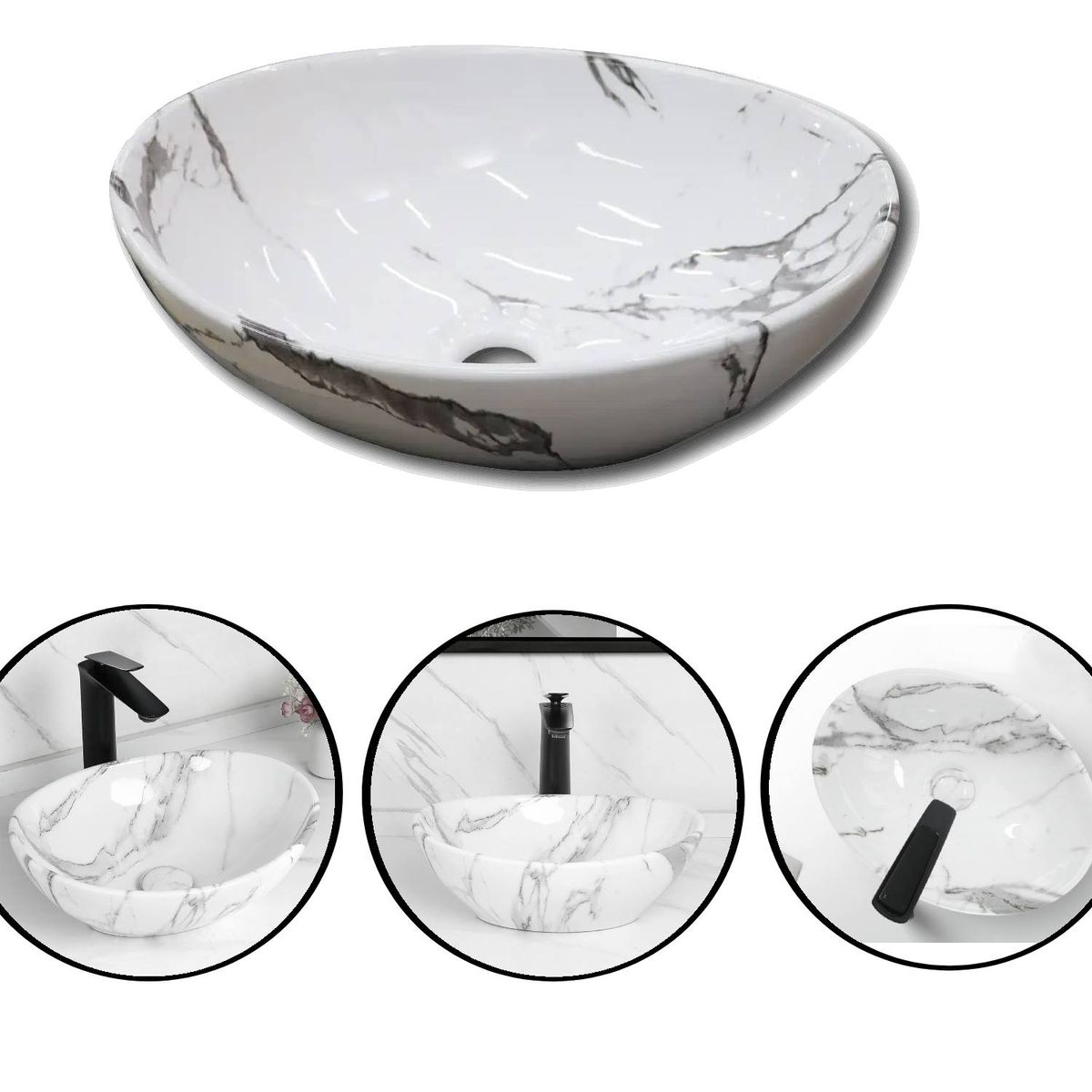 GENERICO - Kit Completo Lavabo Venato Oval-sifón -grifo Negro Agua Fría
