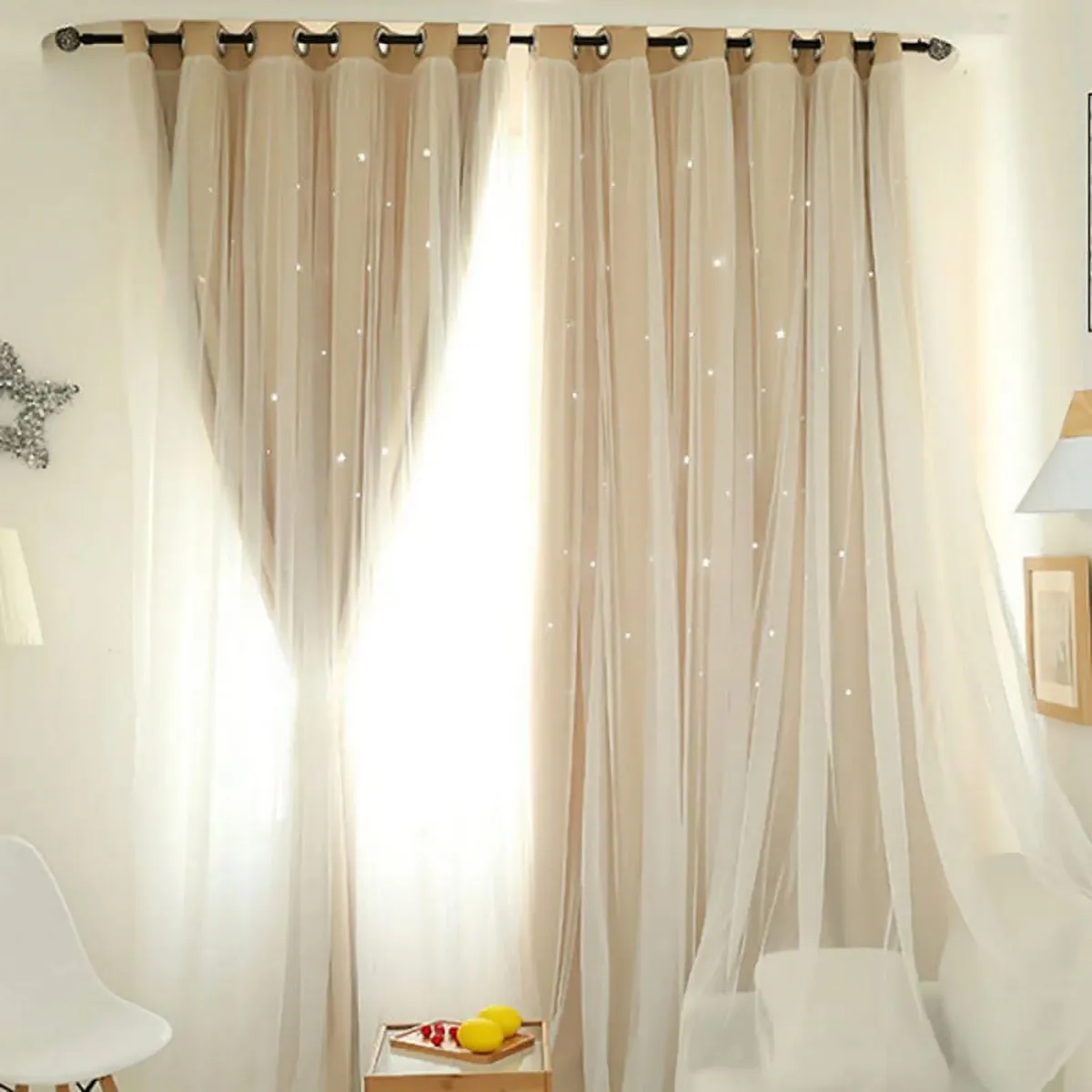 ONE PIXEL - Cortina Blackout Para Ventana Beige Con Diseño Y Velo