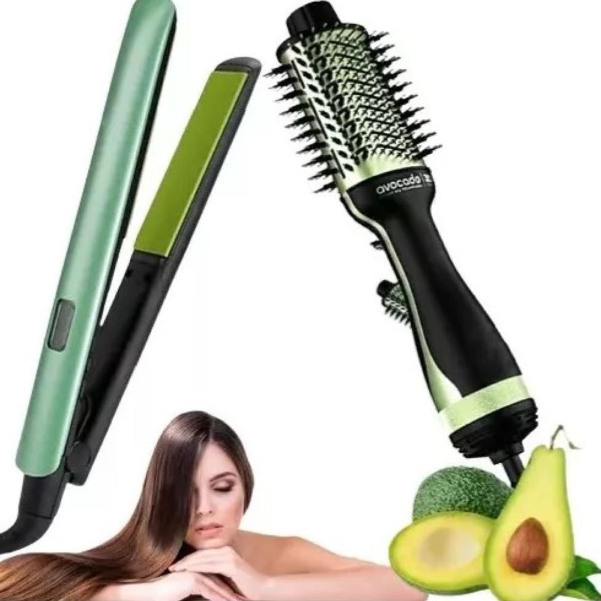 LEMMAN - Combo Cepillo Secador Para Cabello Y Plancha Aguacate