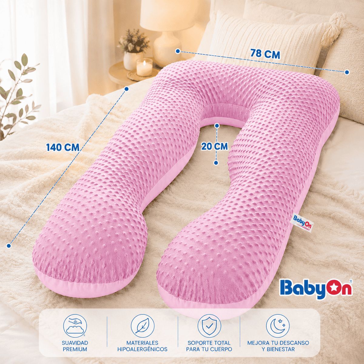 BABY ON - Cojin Almohada Ortopédica De Embarazo y Descanso BabyOn Maternidad Cuerpo Entero Color Rosa