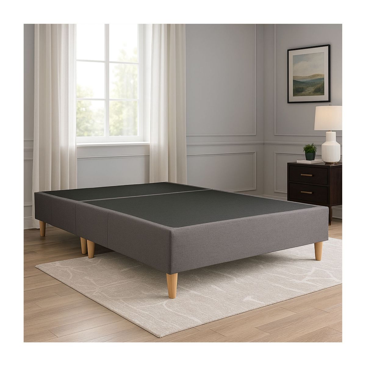 DORMIPUFF - Base Cama SEMIDOBLE Gris Lino Pata Madera Dormipuff