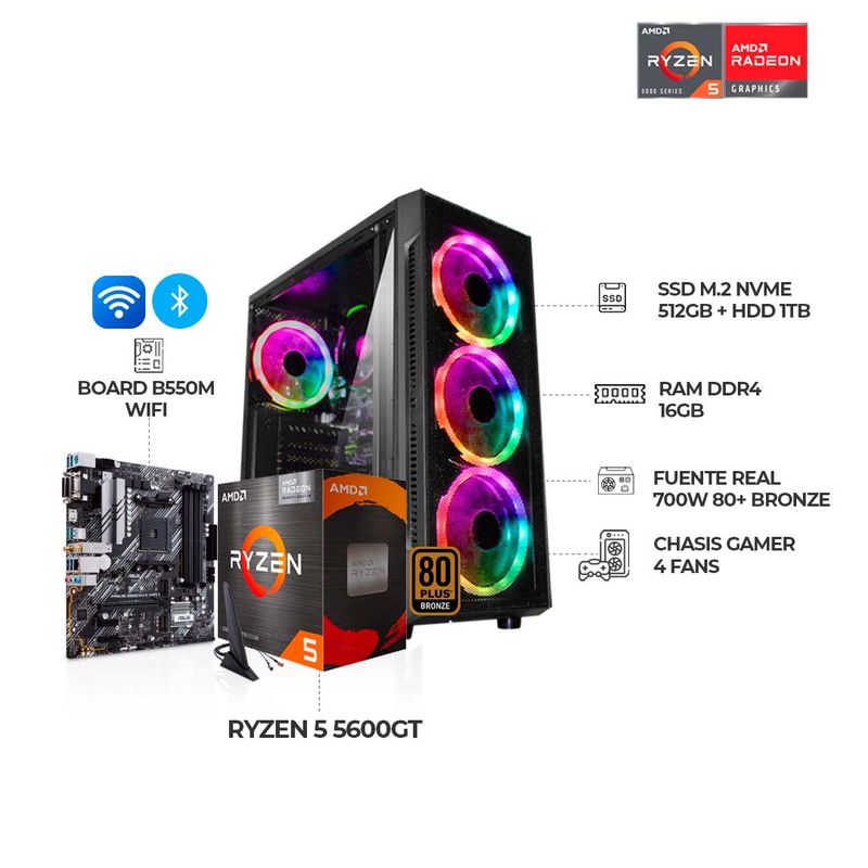 AMD - PC GAMER AMD RYZEN 5 5600GT B550M WI-FI  16GB RAM DDR4 SSD 512GB+HDD1TB
