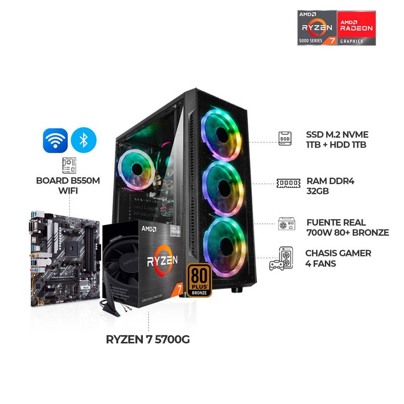 AMD - PC GAMER AMD RYZEN 7 5700G B550M WI-FI  32GB RAM DDR4 SSD 1TB+HDD1TB