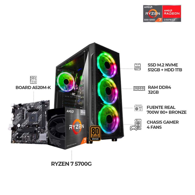 AMD - PC GAMER AMD R7 5700G  BOARD A520M-K 32GB RAM DDR4 SSD 512GB+HDD1TB