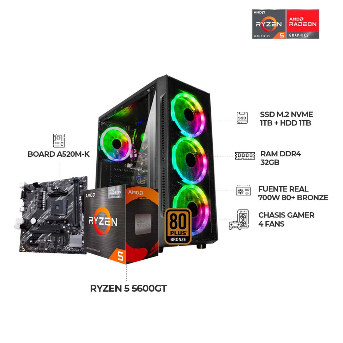 AMD - PC GAMER AMD RYZEN 5 5600GT BOARD A520M-K 32GB RAM DDR4 SSD 1TB+HDD1TB