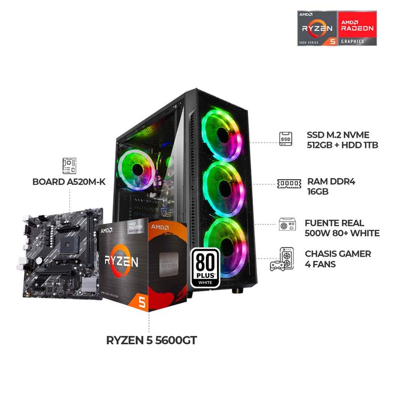 AMD - PC GAMER AMD RYZEN 5 5600GT BOARD A520M-K 16GB RAM DDR4 SSD 512GB+HDD1TB