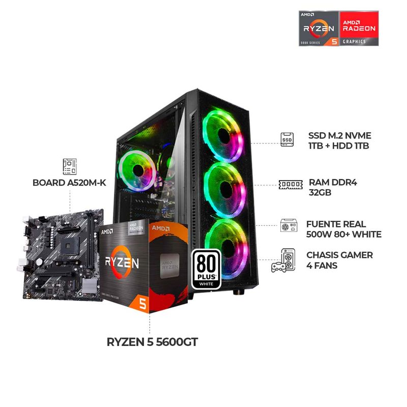 AMD - PC GAMER AMD R5 5600GT BOARD A520M-K 32GB RAM DDR4 SSD 1TB+HDD1TB