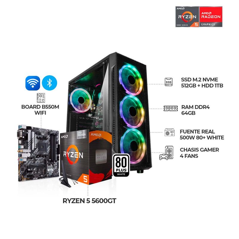 AMD - PC GAMER AMD RYZEN 5 5600GT B550M WI-FI  64GB RAM DDR4 SSD 512GB+HDD1TB