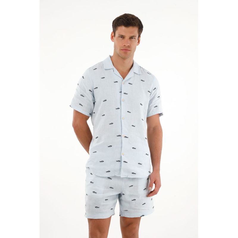 TENNIS - Camisa azul con bordado de peces para hombre