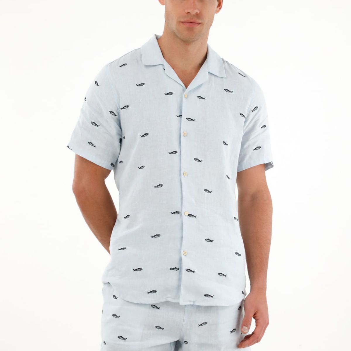 TENNIS - Camisa azul con bordado de peces para hombre