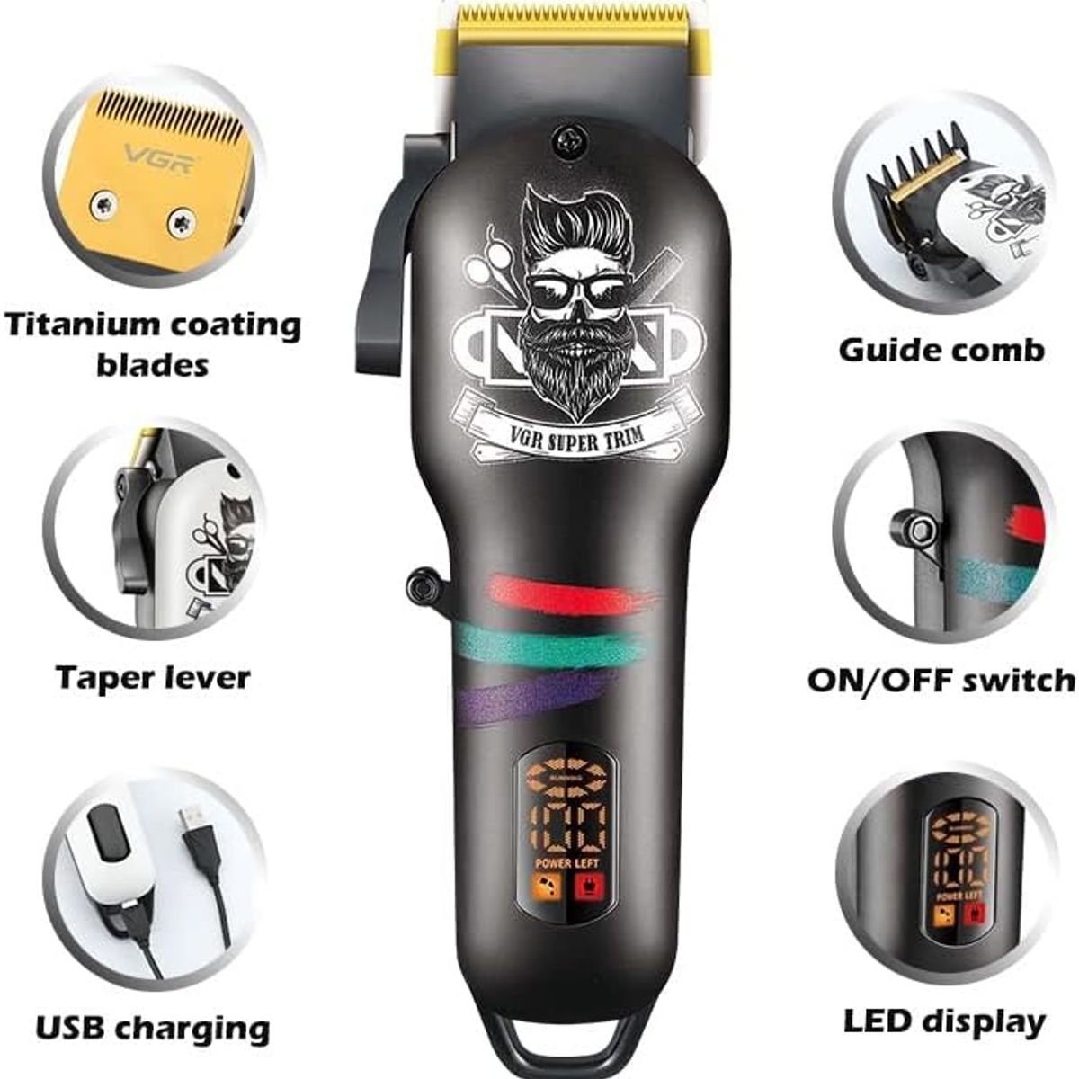 VGR - VGR V-699 Profesional Cortadora de Pelo Inalámbrica con Palanca Cónica