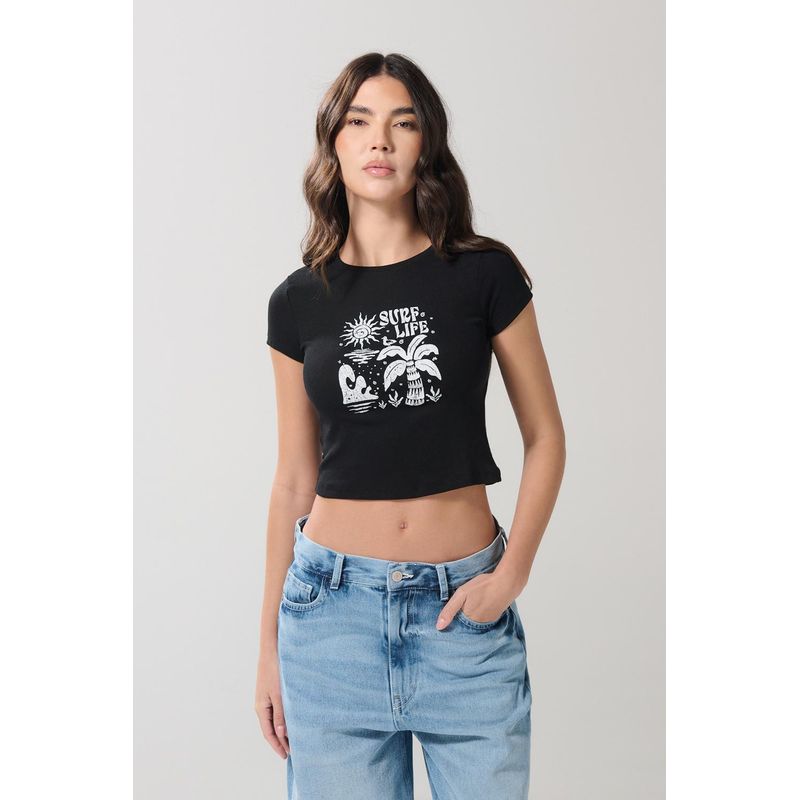 KOAJ - KOAJ Camiseta en rib unicolor manga corta con diseño de playa MUJER