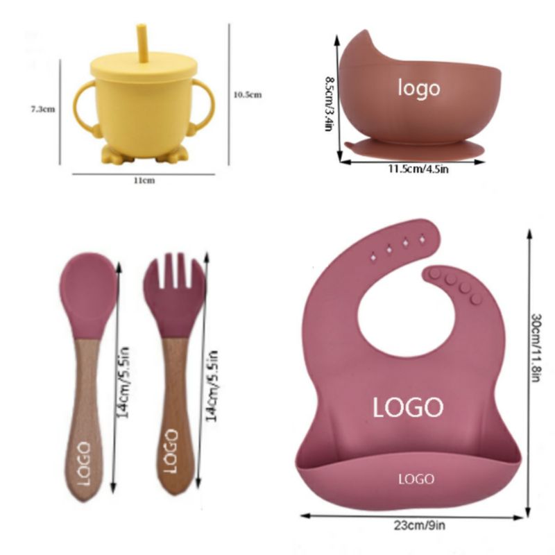 GENERICO - SET TAZÓN BABERO CUCHARA TENEDOR VASO SILICONA BEBÉ-ROSA