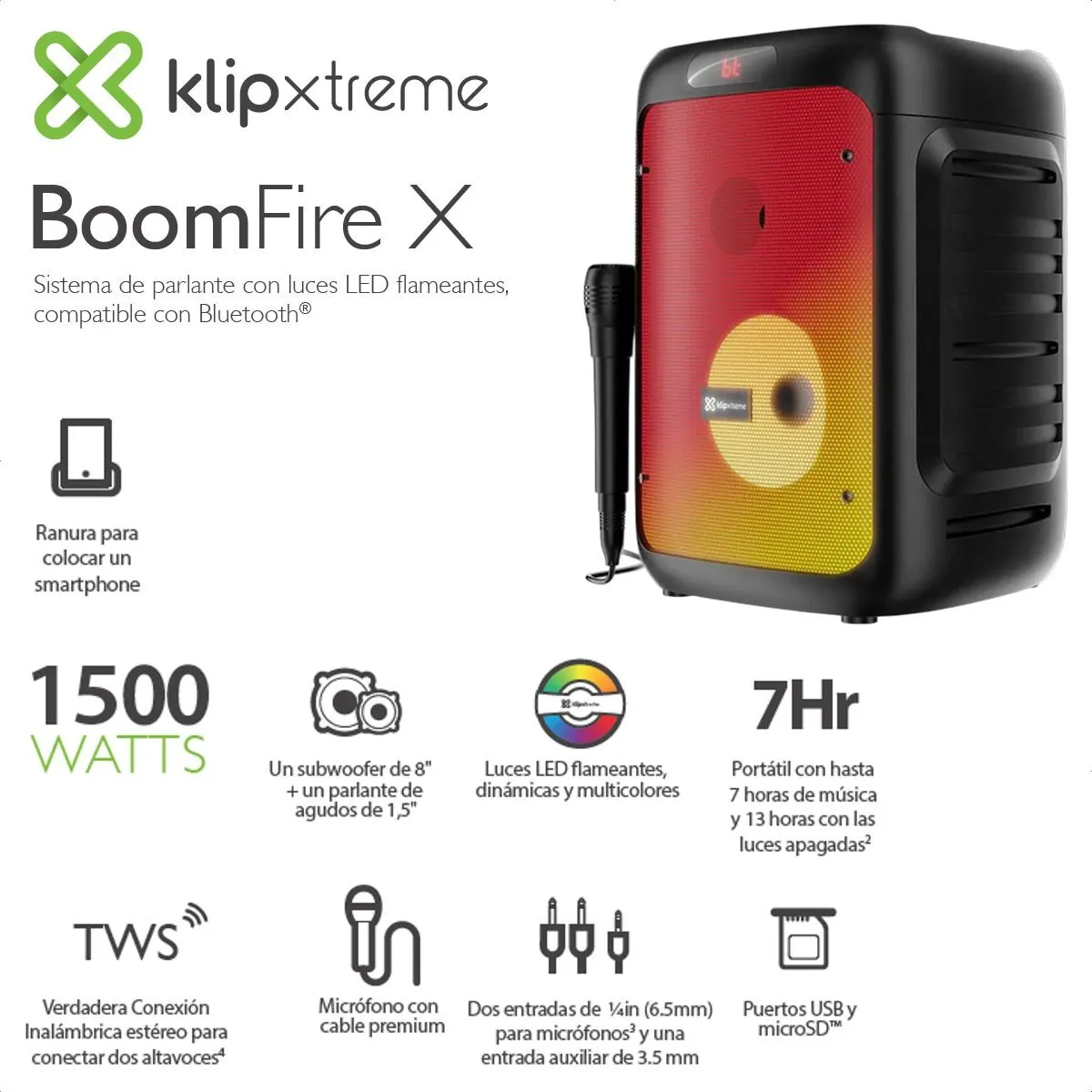 KLIP XTREME - Parlante Luces Led Klip Xtreme Boomfire X Micrófono 100W RMS