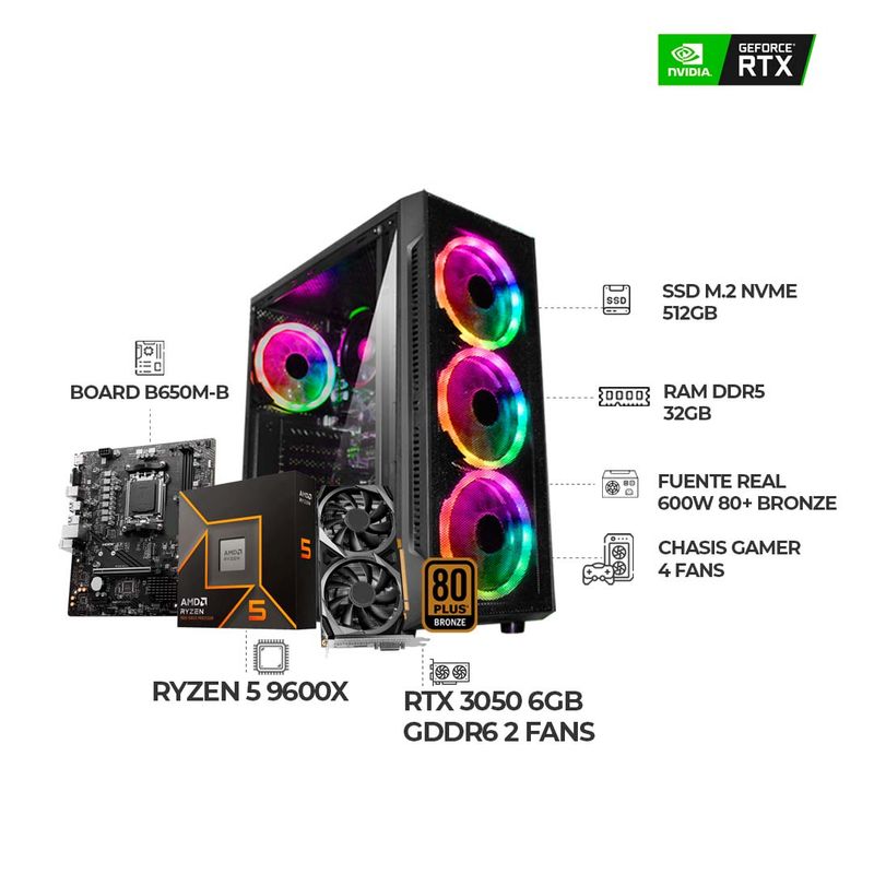 AMD - PC GAMER R5 9600X - BOARD B650M-B - RTX 3050 6GB - 32GB RAM DDR5 - 512GB SSD