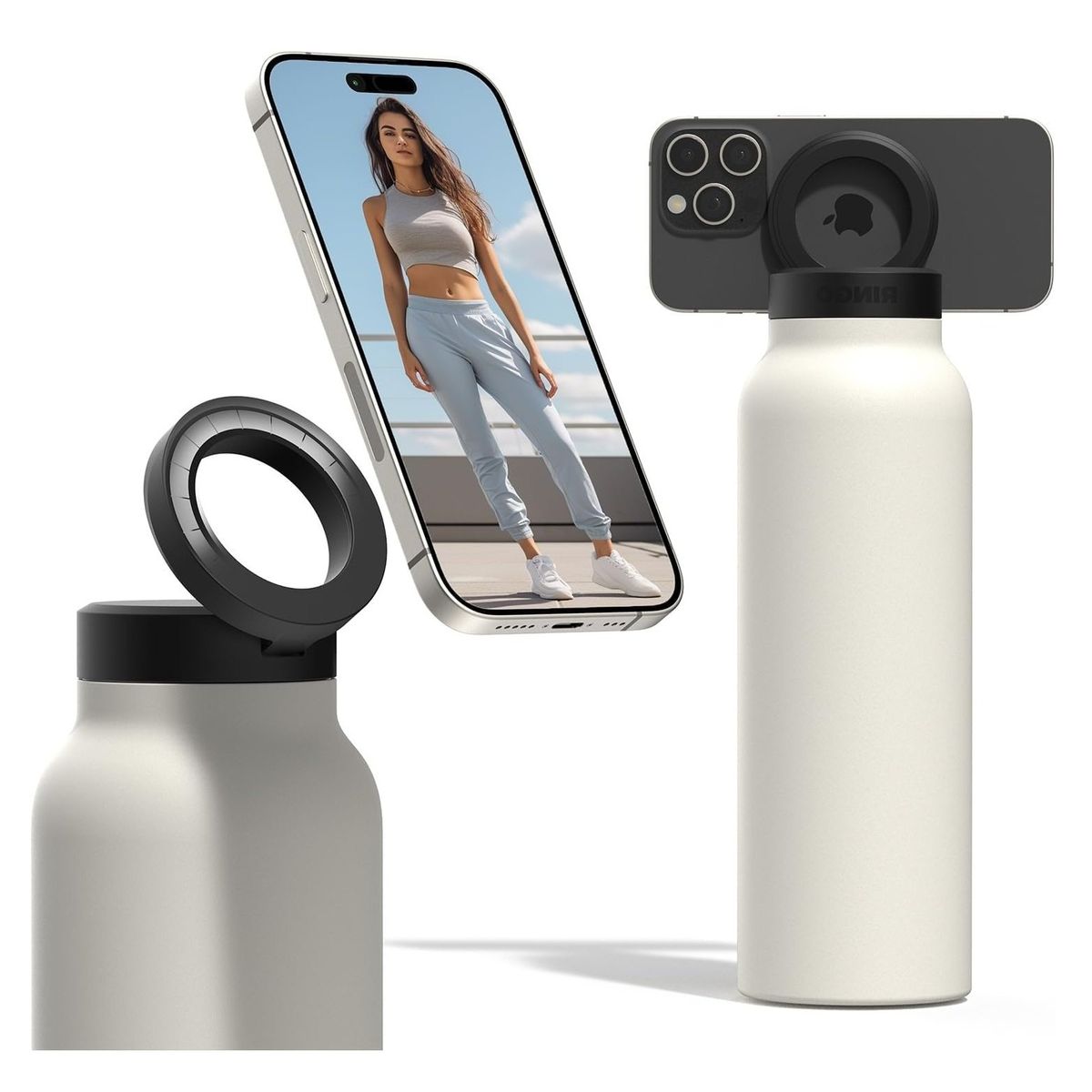MILOPTS - Termo Botella Agua Acero Inoxidable Con Soporte Imán Celular BLANCO