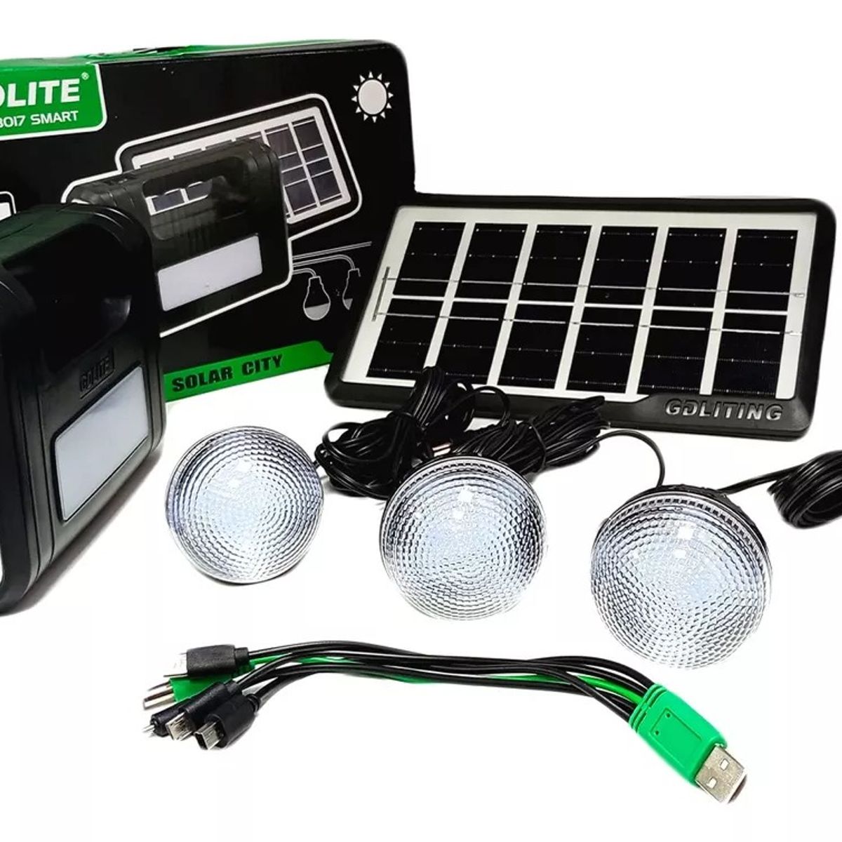 GDLITE - Kit Panel Solar Recargable + 3 Bombillos Parlante Bluetooth
