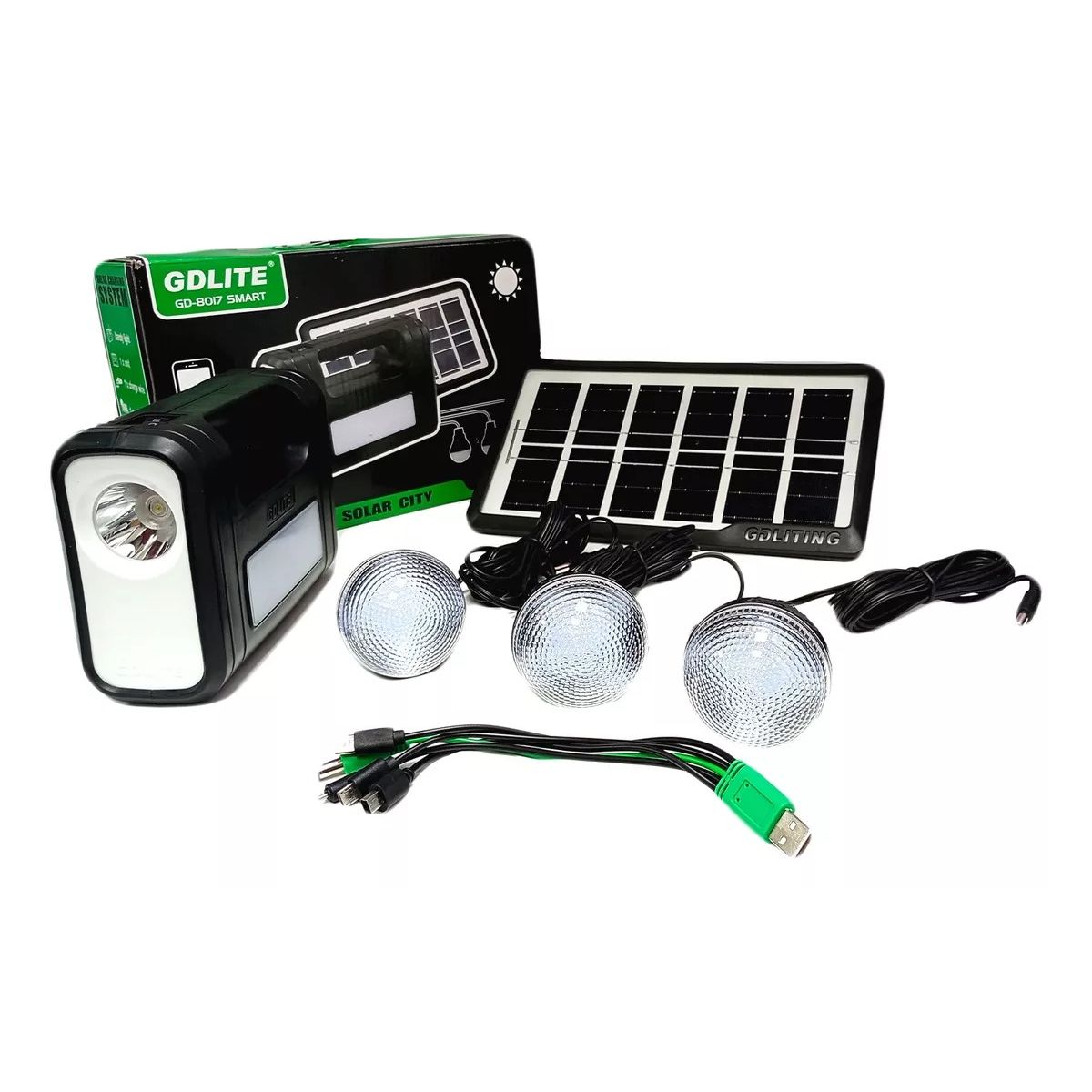 GDLITE - Kit Panel Solar Recargable + 3 Bombillos Parlante Bluetooth