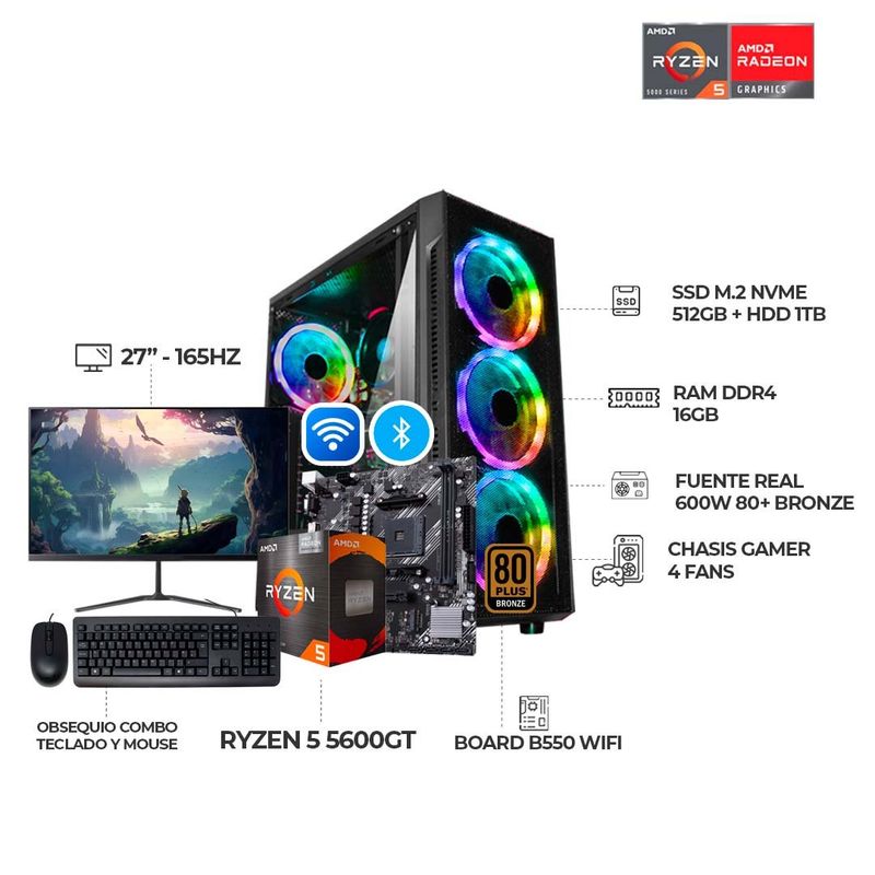 AMD - PC GAMER R5 5600GT - BOARD B550 WIFI - 16GB RAM - 512GB SSD+1TB HDD MONITOR 27