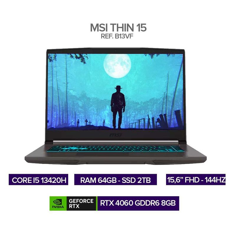 MSI - Portatil Gamer Msi Thin 15 B13VF / Core i5 13420H / RTX 4060 8GB / 64GB RAM / 2TB SSD / 15.6”
