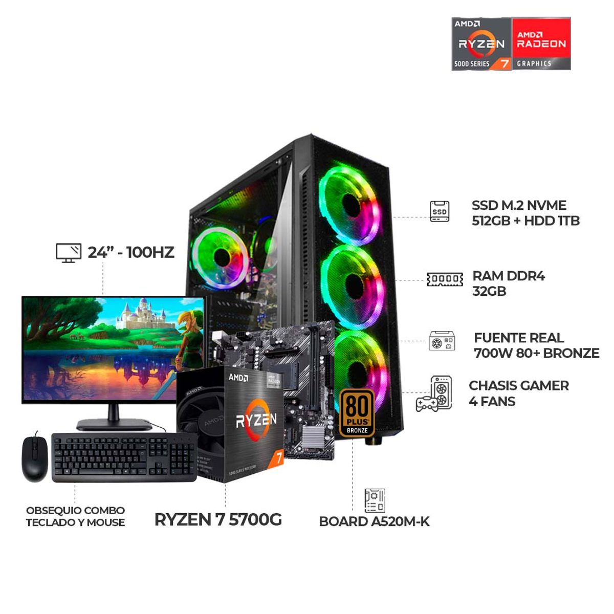 AMD - PC GAMER R7 5700G - BOARD A520M-K - 32GB RAM  - 512GB SSD + 1TB HDD MONITOR 24"