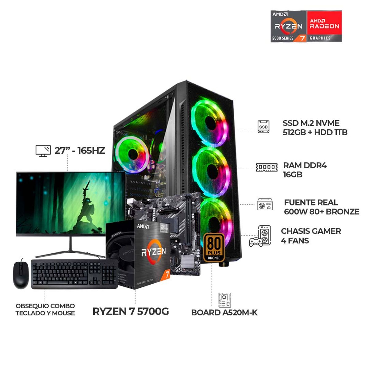 AMD - PC GAMER R7 5700G - BOARD A520M-K - 16GB RAM  - 512GB SSD + 1TB HDD MONITOR 27"