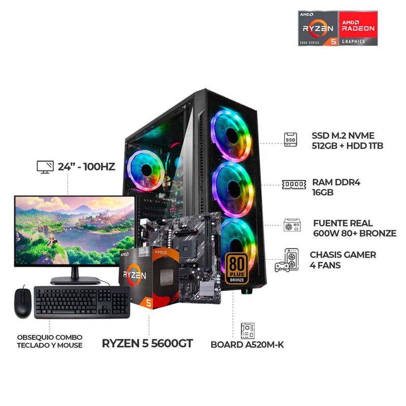 AMD - PC GAMER R5 5600GT - BOARD A520M-K - 16GB RAM  - 512GB SSD + 1TB HDD MONITOR 24"