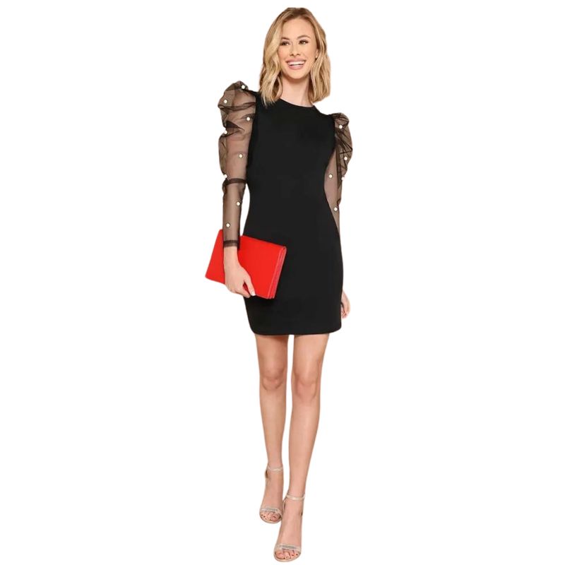 NEGRELI - VESTIDO DE MUJER CEÑIDO CON MANGAS TRANSLUCIDAS