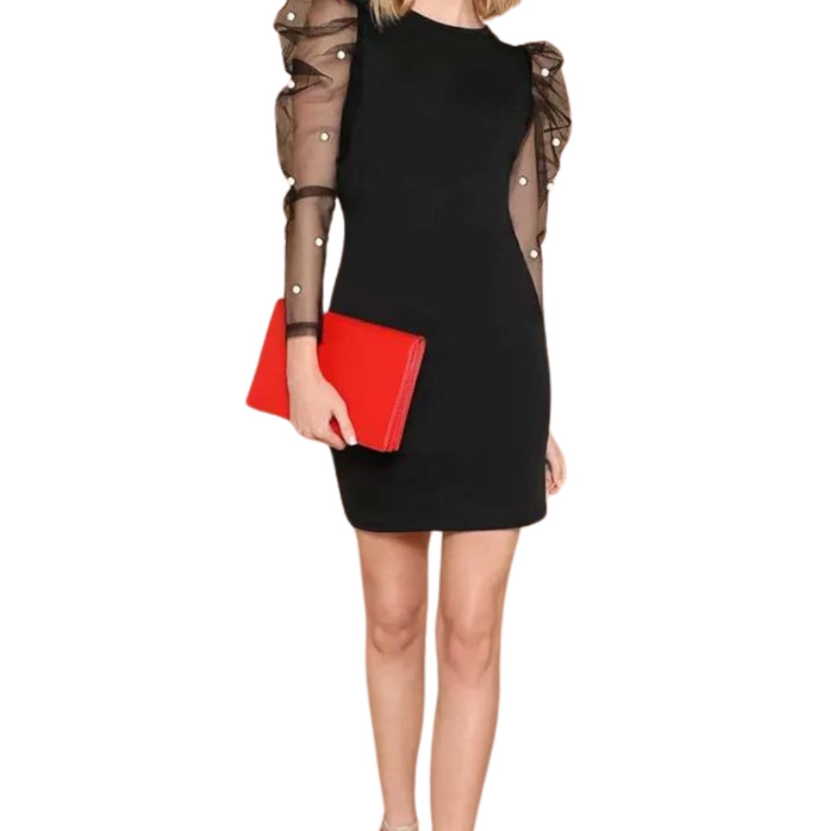 NEGRELI - VESTIDO DE MUJER CEÑIDO CON MANGAS TRANSLUCIDAS