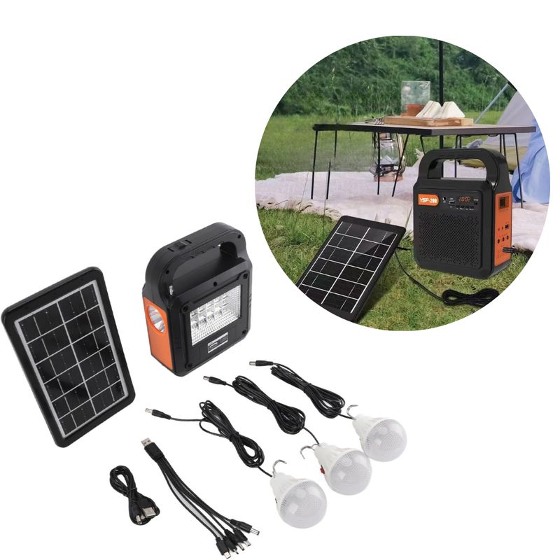 GENERICO - Generador de Energía Solar con Panel Iluminación Radio MP3 Bombillos Camping