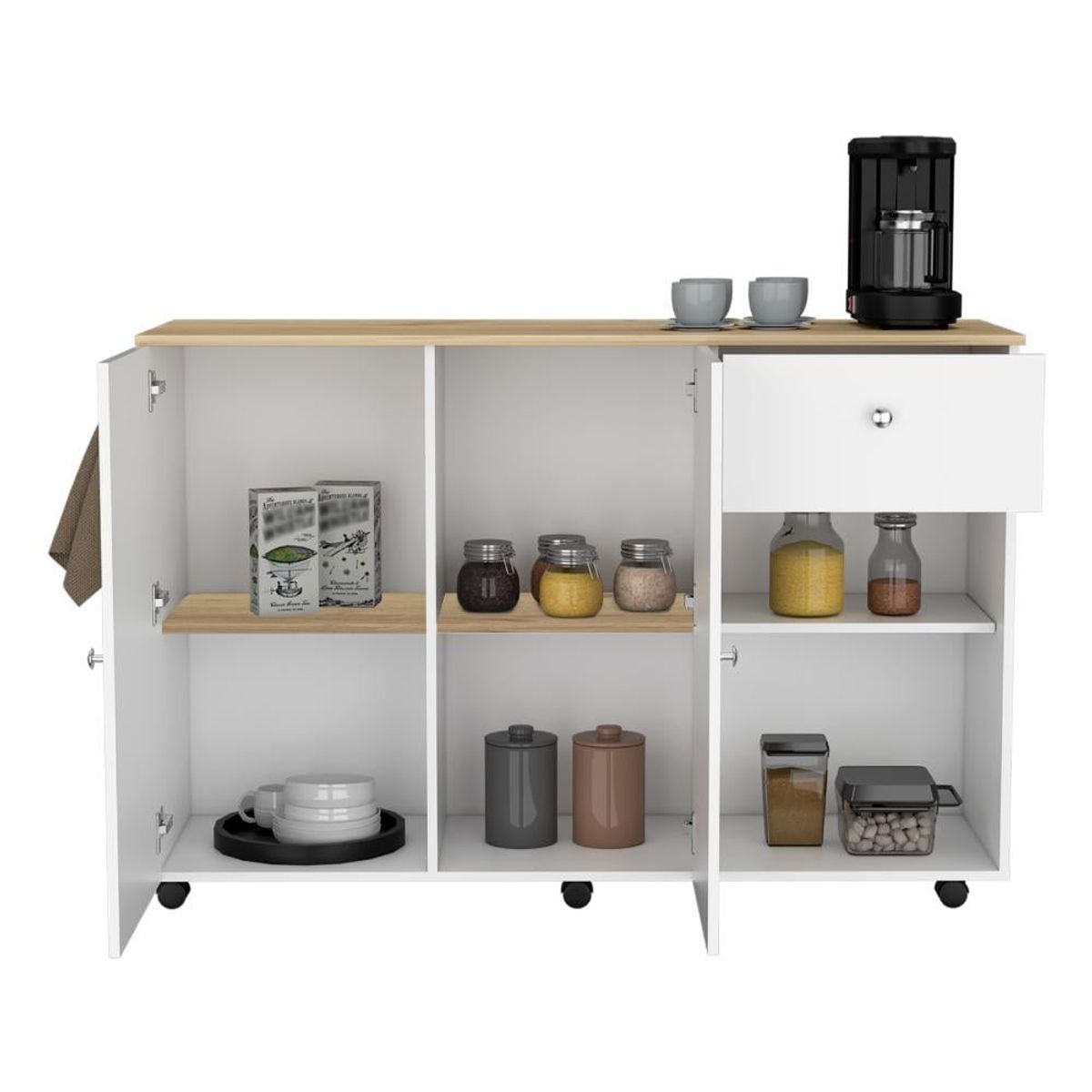 RTA DESIGN - Barra de Cocina Movix Blanco y Macadamia con dos entrepaños internos para almacenamiento