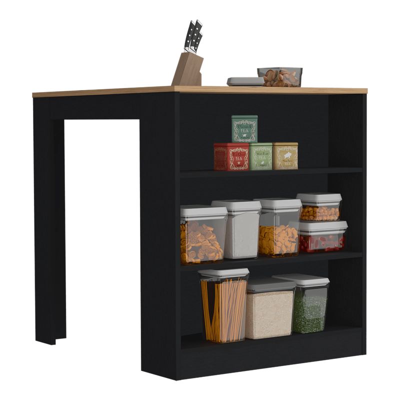 RTA DESIGN - Barra de Cocina Mayer Wengue y Macadamia con tres entrepaños para ubicar vasos y frascos